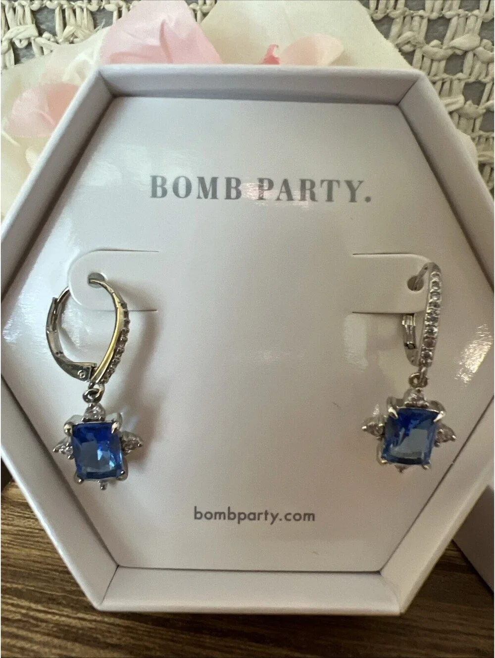 Bomb Party Shimmer So Bright Earrings. Lab Created Light Sapphire. Rhodium.